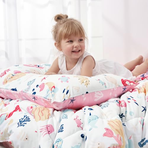 Image of PHF 4 Piece Toddler Bedding Set, Ultra Soft Toddler Comforter Sets Include Comforter, Fitted Sheet, Flat Top Sheet and Pillowcase for Girls, Bed in A Bag for Baby Bedroom, Mermaid