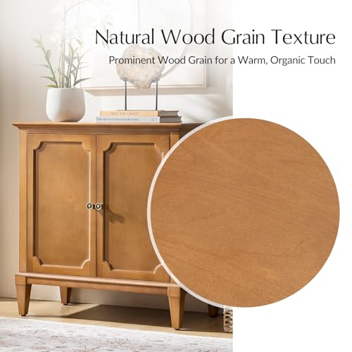 Image of Accent Storage Cabinet with Adjustable Shelf, 2-Doors Transitional Sideboard Buffet with Solid Wood Legs & Vintage Metal Knobs for Living Room or Kitchen, Hallway, Teak