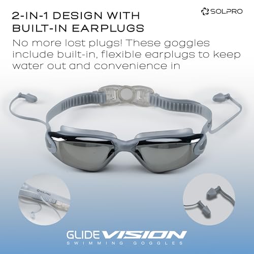 Image of Solpro Glide Vision Unisex Adult Swimming Goggles for Women,Men,Boys,Girls,Teenagers,Athletes,Swimmers|2 in 1 with Built In Earplugs for Training,Competition in Pool,Beach,Water Sport,Activties