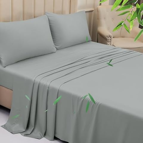 YIYEA Cooling Sheets, 100% Viscose Derived from Bamboo Sheets Queen Size, Luxury 400TC Queen Sheet Set, 16" Deep Pocket, Double Stitching, Breathable, Silky Soft, Perfect for Hot Sleepers (Grey) Cover