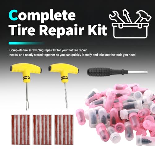 Image of Flat Tire Repair Kit Heavy Duty,All-in-One Tire Plug Kit Includes 60PCS Screw,15PCS Tires Plugs Seal Strip,Screwdriver,Drill,Screw in Tires Plugs Car Emergency Kits for Puncture