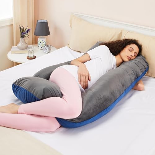 Image of Amazon Basics Velvet Full Body Pregnancy Pillow for Maternity,Baby Nursing,Full Body Support|Perfect Baby Shower Gift|J-Shaped-Washable Cover with Zip-Blue & Grey