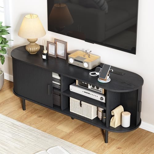 Image of 55 inch TV Stand with Power Outlet, Modern Media Console with Sliding Doors, Entertainment Center for TVs up to 60 Inch, Adjustable Shelves, Black