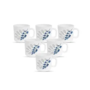 La Opala Diva, Pearl Collection, Opal Glass Coffee Mug Set Regular 6 pcs, Indigo Bliss, White