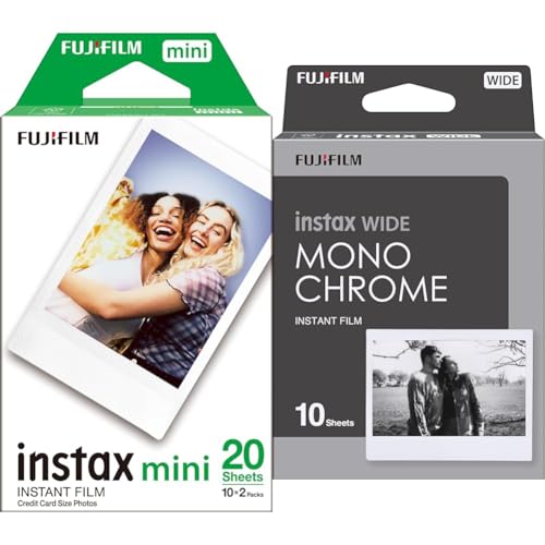 Fujifilm instax mini instant film White Border, 20 Count, suitable for all instax mini cameras and printers & instax WIDE instant Film Monochrome, 10 shot pack