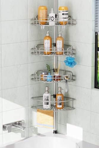 HAMITOR Shower Caddy Tension Pole: 4-Tier Rustproof Bathroom Corner Shelf Organizer for Renter - No Drill Large Shampoo Storage Rack - Adjustable 47-121