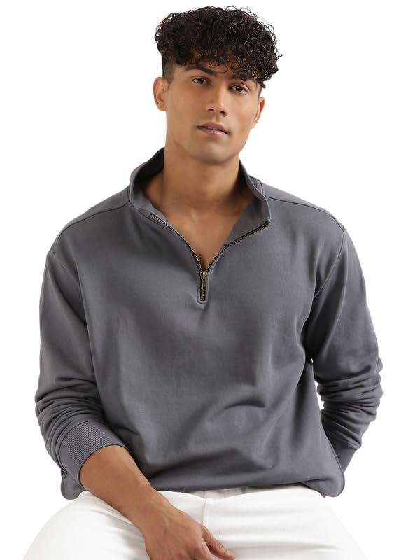 Image of SAADAA Unisex Zip Neck Sweatshirt | Quarter Zip High Neck | Cotton-Blend Fleece| Winter Wear Sweatshirt with Pockets | Casual Fit