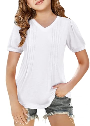 Image of Arshiner Girls Puff Short Sleeve Shirts Pleated Tunic Top Casual V Neck Summer Kids Blouse Tee