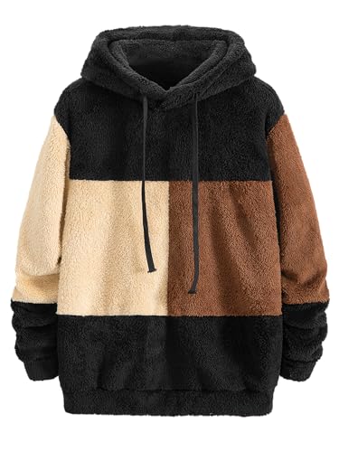 Men's Fluffy Color Blocked Hooded Sweatshirt With Drawstring Loose Long Sleevesslim Fitautumn And Winter Mens Pullover