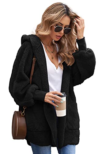UMIPUBO Femme Sweats à Capuche Hiver Longues Manteaux Cardigan en Peluche Chaud Doublure Swearshirt, Veste Décontractée de Couleur unie avec 2 Poches (Noir,XL) Cover