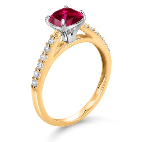 Gem Stone King 10K Yellow Gold 8MM Cushion Cut Red Created Ruby and White Lab Grown Diamond Engagement Ring For Women (2.68 Cttw, Available In Size 5, 6, 7, 8, 9)3