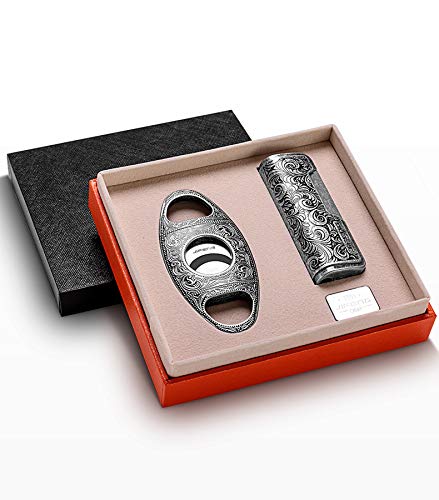 Cigar Cutter And Lighter Set Stainless Steel Bronze Engraved Double Guillotine Cut Blade And Retro Carved Lighter Packing With Nice Gift Box Great Gift For All Cigar Lovers(2Pcs/Set) (Sliver) #TOP5