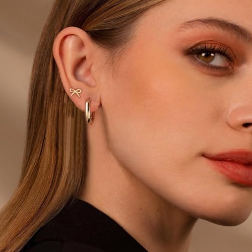 CAROVO Dainty 14K Gold Earring Sets Tiny Cartilage Bow Butterfly CZ Stud Small Chunky Open Hoop Earrings Set Multiple Piercing for Women3