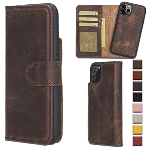 Bayelon Full Grain Leather Wallet Case for iPhone 11 Pro Max 6.5" - Detachable Magnetic Flip Cover with Card Slots, Horizontal Viewing Kickstand, Durable Frame (Antique Brown)