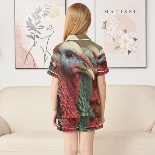 Satin Pajama Sets Short Sleeve Turkey Head Button Down Silky Nightwear 2 Piece PJS 5-14Y4