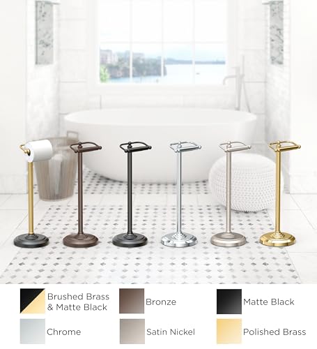 Image of Gatco 1436MXB, Freestanding Toilet Paper Holder, 22 inch H, Matte Black Polished Brass /Floor Standing Weighted Base Toilet Paper Holder Stand