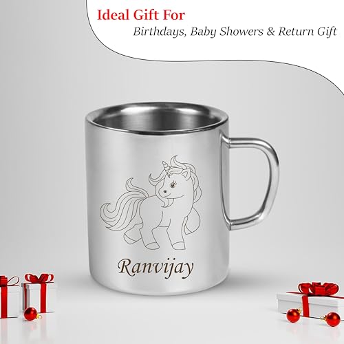 Image of SAVRI Personalized Stainless Steel Mug for Kids with Customized Name Engraved & Cartoon Design | 220 ml Double Wall Insulated Mug for School, Milk, Juice & Water (Unicorn)