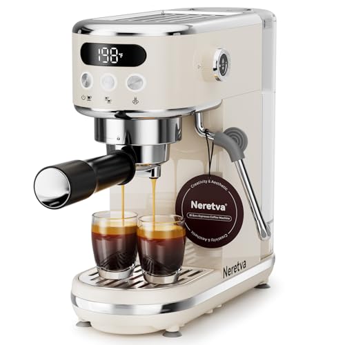 Neretva Espresso Machine 20 Bar, Super Compact Espresso Maker Stainless Steel Professional Espresso Maker Machine with Power Steam & LED Display for Home Barista Latte and Cappuccino Maker-Beige