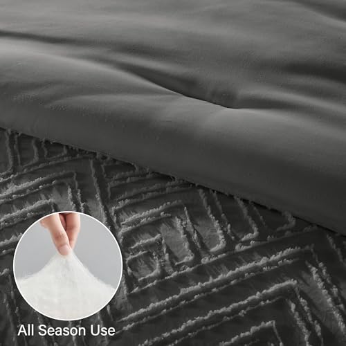 Image of Zzlpp Full Comforter Set 7 Pieces, Dark Grey Tufted Bed in a Bag with Comforter and Sheets, All Season Boho Bedding Sets with Comforter, 2 Pillow Shams, 2 Pillowcases, 1 Flat Sheet, 1 Fitted Sheet