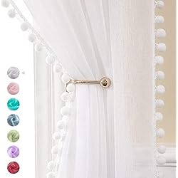 Visillo Pompones MIULEE Cortinas Salon Blanco con Pompones, Bonitas Cortinas Infantiles Niña Habitacion 2 Piezas, 2X140 x 225cm, Cortinas Transparentes Bebe Dormitorio con Borlas, Translucidas Cortinas Visillos