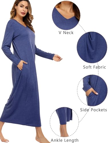Sykooria-Camison-Mujer-Algodon-Camisones-Largo-Ropa-de-Dormir-Ropa-de-Salon-Casual-Camison-Holgado-con-Bolsillos-S-XXL