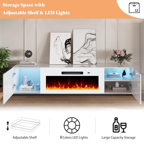 Image of AMERLIFE Floating Fireplace TV Stand, Wall Mounted Mirrored Entertainment Center with 40 inch Electric Fireplace, Modern LED Lights Media Console for TVs Up to 90 inch, All White