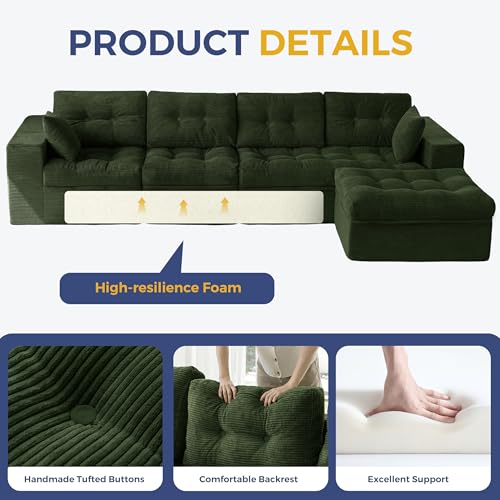 Image of MAXYOYO 132 inch L Shaped Modular Sectional Sofa with Ottoman, Cloud Boneless Couch with Layered Cushion, Upholstered Sofa in a Box, Flexible Module Combination for Living Room, No Assembly, Dark Green