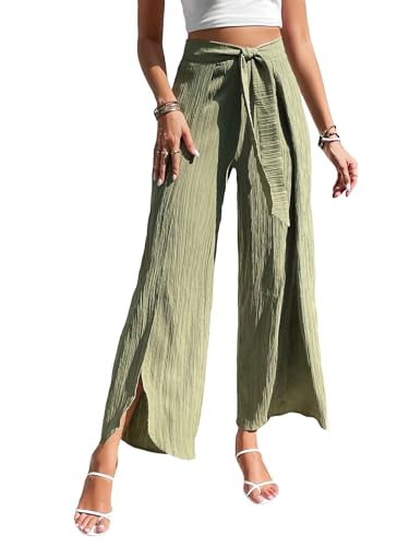WDIRARA Women's Split Thigh High Waisted Wide Leg Palazzo Casual Loose Long Pants