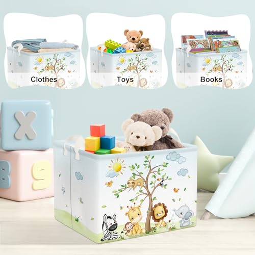Image of Clastyle 36L Large Safari Animal Tree Baby Basket Giraffe Lion Elephant Toy Chest Bin Clothes Towel Book Shelf Basket for Kids Room Nursery | Waterproof Large Clothes Book Gift Toy Organizer Bin, Nursery Playroom Bedroom Bathroom Shelf, Safari Giraffe Lion Elephant
