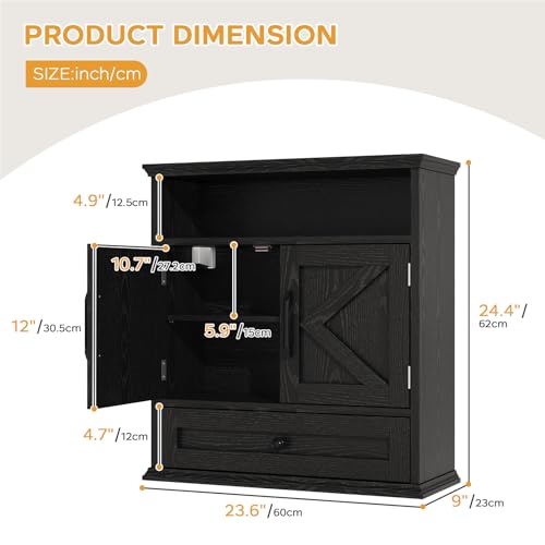 Image of Bathroom Wall Cabinet, Wall Mounted Medicine Cabinet 24.4 inchH x 23.6 inchW x 9 inchD | With Drawer, Barn Doors & Adjustable Shelf, Black Over Toilet Farmhouse Storage Cabinet for Kitchen, Laundry Room, Entryway