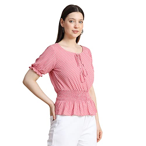 Image of KERI PERRY Women's Baby Pink Crepe Polka Dot Crop Top