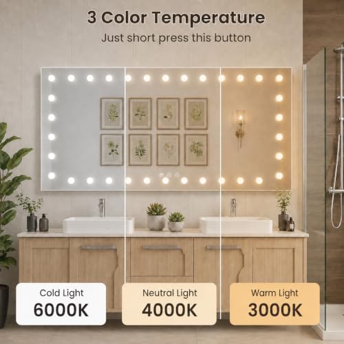 Image of WTTY 84 inchx40 inch Hollywood Vanity Mirror with Lights, Wall-Mounted Makeup Mirror with 3 Color Temperatures, Stepless Dimmable Bulbs, Anti-Fog & Shatter-Proof