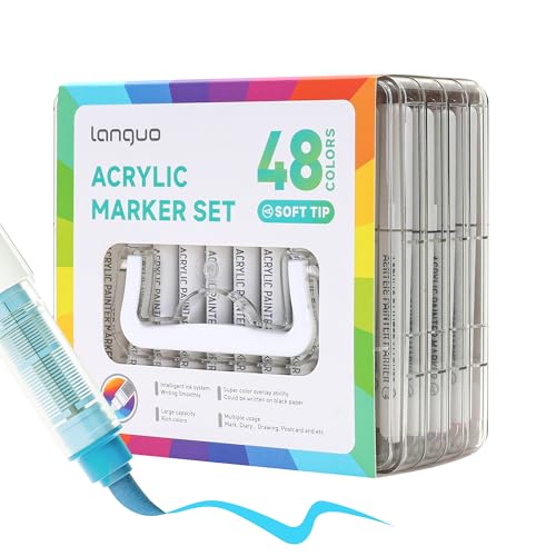 languo 48 Colors Acrylic Paint Markers Pens Set, Soft Brush Tip Markers with Fast Drying & No-Bleed Ink, Acrylic Paint Pens for Rock, Wood, Egg, Ceramic, Fabric Painting, Art Supplies and DIY Crafts