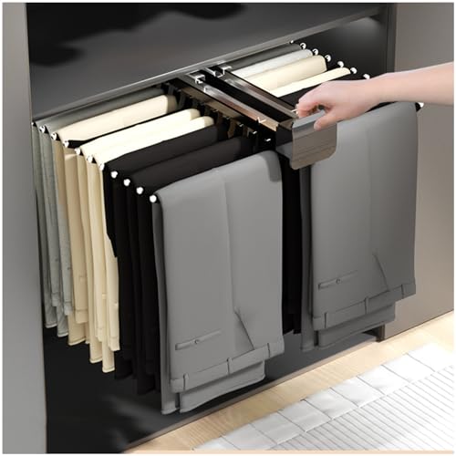 Tringle Habits Extractible, Porte-Pantalon Extensible avec Amortisseur, Multifonction Organisateur Vetement, Montage Mural Porte Pantalon Coulissant,Noir