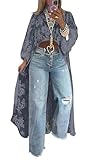 Women's Round Neck Lace Short Front and Long Back Casual Top, Womens Long Sleeve Asymmetrical High Low Floral Dress Cover-Up (Gray,Large)