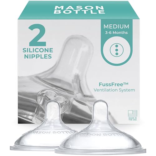 Mason Bottle Nipples (2-Pack) - Silicone Nipples, Fits Any Regular-Mouth Mason Jar - Medium Flow (3-6 Months), Wide Natural-Shaped, BPA-Free, Non-Toxic Baby Bottle Nipples - Made in USA