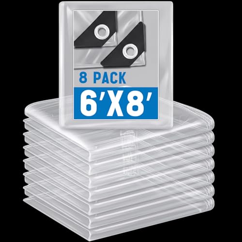Image of 8 Pack 6 x 8 ft Transparent Tarp Clear Waterproof Weatherproofing Tarp with Grommets Green House Cover 8mil Plant Cover Shed Cloth with Rope for Greenhouse Henhouse Porch (Clear)