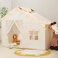 PIIKAGO Kids Play Tent with Mat - Kids Tent Indoor with Star Lights and Flags, Toddler Tent for Kids Ages 3-8, Toddler Playhouse for Girls Boys, 57\" x 35\" x 47\" (Beige)