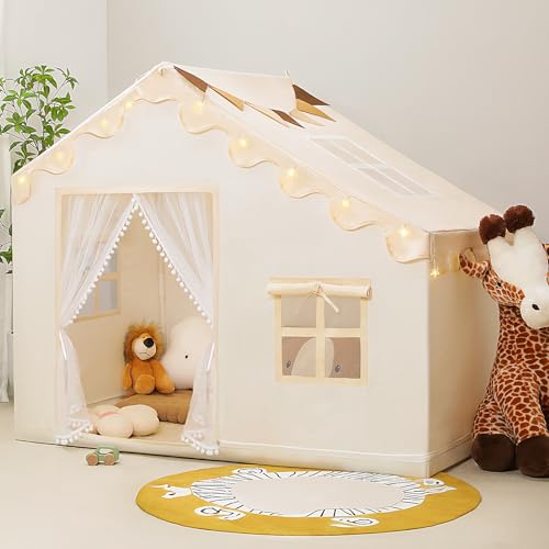 PIIKAGO Kids Play Tent with Mat - Kids Tent Indoor with Star Lights and Flags, Toddler Tent for Kids Ages 3-8, Toddler Playhouse for Girls Boys, 57' x 35' x 47' (Beige)