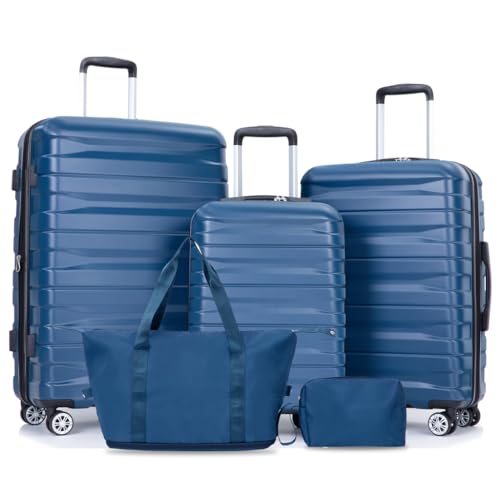 5-Piece Expandable Hard Luggage Set for Travel, Lightweight & Spacious Design, Includes Carry-On & Duffel Bag, Dark Blue