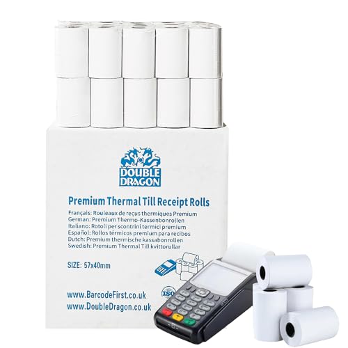 Double Dragon, Rollos de Papel Térmico Premium 57 x 40 mm para Terminales de Tarjetas PDQ, POS, EPOS [Paquete de 10] (El embalaje puede variar)
