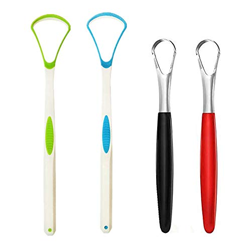4 Pack Tongue Scraper Cleaners for Kids and Adults,Stainless Steel and Plastic Tongue Scraping Brush for Oral Care, Fresh Breath …