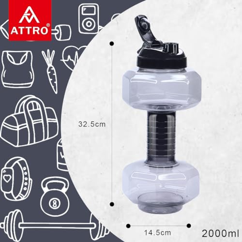 Image of Attro Dumbbell Water Bottle 2 Liter Plastic Bottle with Grip Handle Stylish Bottle for Gym Lover BPA Free, Food Grade, Leakproof- Grey