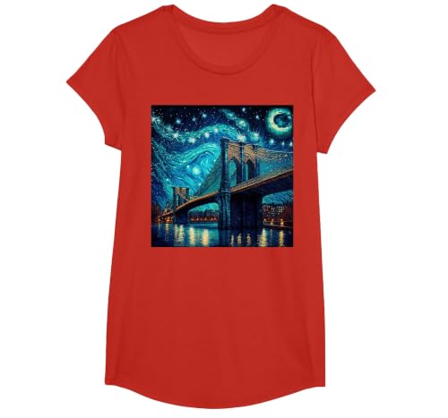 Brooklyn Bridge New York Starry Night T-Shirt, Girls, Red, Large