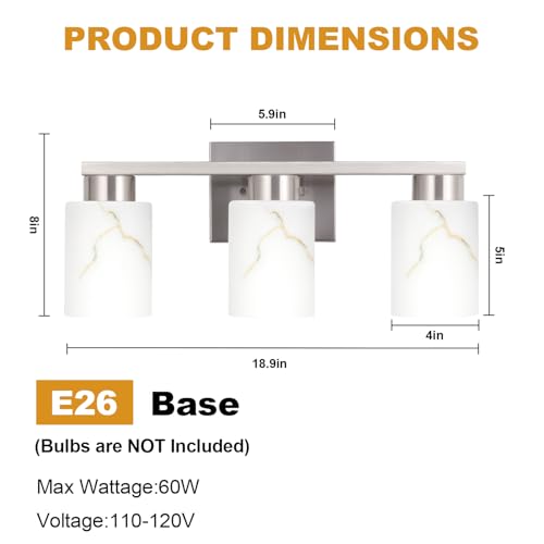Image of 3-Light Bathroom Light Fixtures, Modern Vanity Lights, Brushed Nickel Metal Wall Lamp with White Marble Glass for Bathroom, Mirror, Living Room, Bedroom, Cabinet, Porch, Hallway, E26 Base