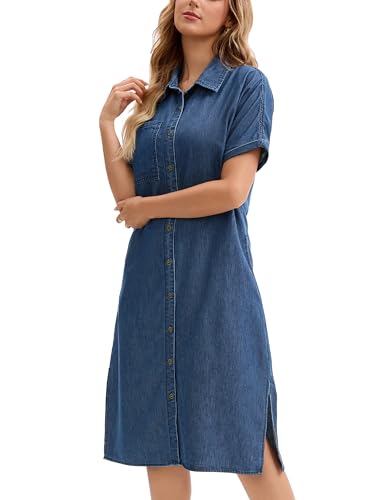Image of Women's Midi Denim Dress Summer Short Sleeve Button Down Casual Loose Long Tunic Jean Shirt Dress