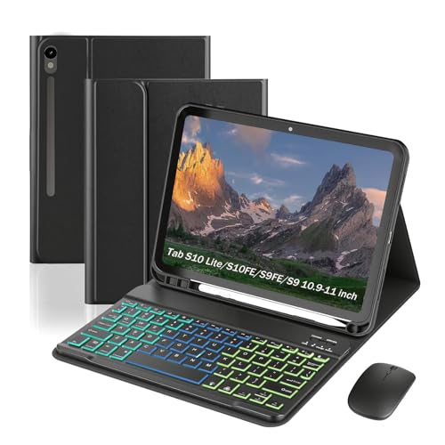 Keyboard Case for Samsung Galaxy Tab S10 Lite / S10 FE / S9 FE / S9 10.9-11 inch, Lightweight Mouse Detachable Backlit Keyboard, Slim Stand Tablet Case with Pen Slot (Black, S10 Lite/S10 FE/S9 FE/S9)