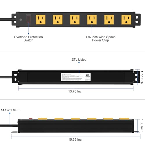 Image of 6 Outlet Wall Mount Metal Power Strip, 1.97 Inch Wide Spacing Flat Plug, 6FT 14AWG Extension Cord with Switch, 15A 1875W ETL Listed for Garage, Workshop, Home