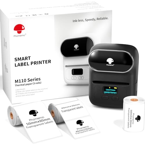 Phoemo M110 Etiquetadora Térmica, Etiquetadora portátil Bluetooth, Impresora Etiquetas Bluetooth térmica con 3 Rollos Etiquetas,Adecuado para Comercio minorista, Empresas, oficinas.Negro