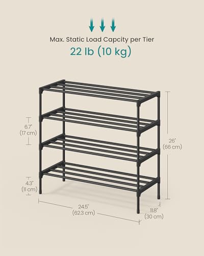 Image of SONGMICS 4-Tier Shoe Rack for Closet, Compact Metal Shoe Organizer Shelf for Entryway, Bedroom, Small Spaces, Stackable, 11.8 x 24.5 x 26 Inches,Black ULSA124BH01